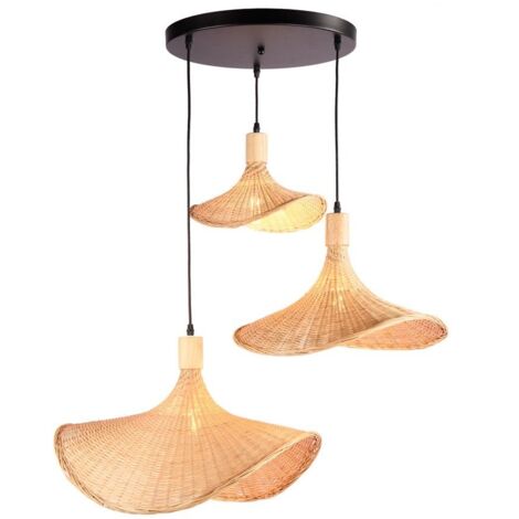 Barcelona Led – Suspension triple en osier 750x1500mm – 3 abat-jours E27 – Tension 220-240V AC – IP20 pour intérieur – Style boho chic - 3xE27
