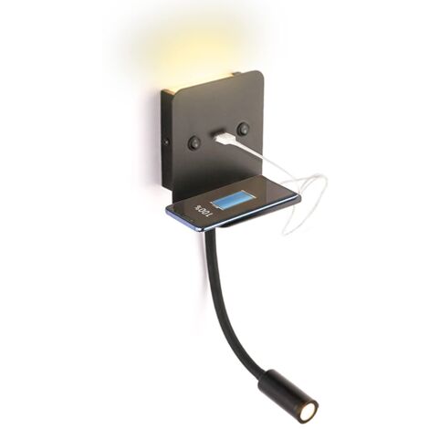 BarcelonaLED - Lampada da parete a LED in alluminio nero per lettura, 6 W, con faretto flessibile da 3 W, bianco caldo orientabile, base di ricarica USB, per camera da letto, testiera