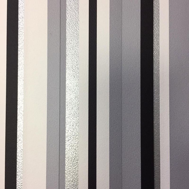 Barcode Striped Wallpaper Grey Black White Silver Metallic Textured Debona