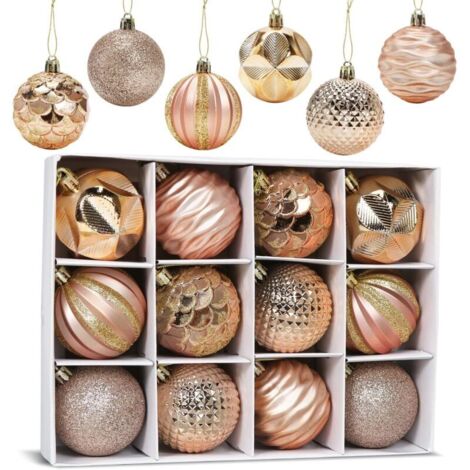 Bardusch-12 boules Noël or rose Ø6 cm plastique incassable, suspension sapin mariage maison