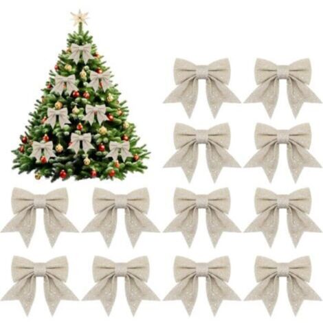 Bardusch-12 nœuds ruban Noël champagne pailletés 12x15 cm, décoration sapin cadeaux