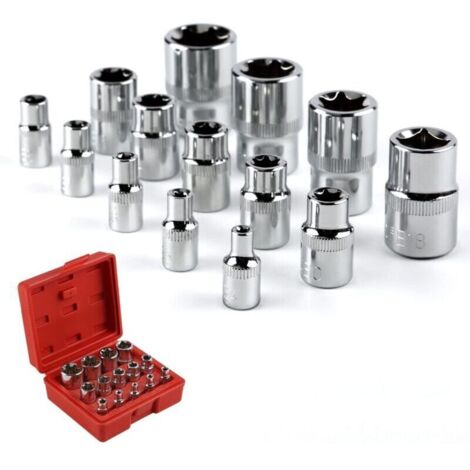 Bardusch - 14pièces Coffret de Douille Torx en Forme Etoile 1/4" 3/8" 1/2", Douilles femelles E-Torx E4, E5, E6, E7, E8, E10, E11, E12, E14, E16, E18, E20, E22, E24, Douille de Profilés E Torx(Rouge)