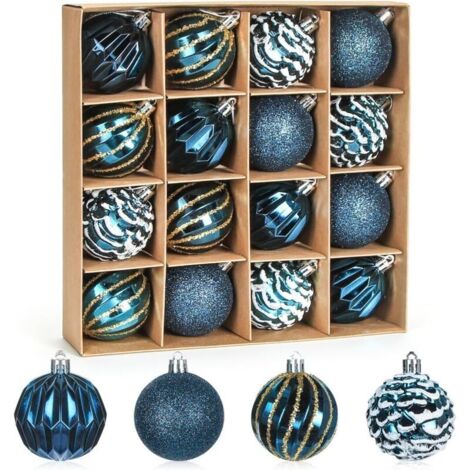 Bardusch-16 boules bleu foncé Ø6 cm texture givrée brillante, décoration suspendue sapin festival