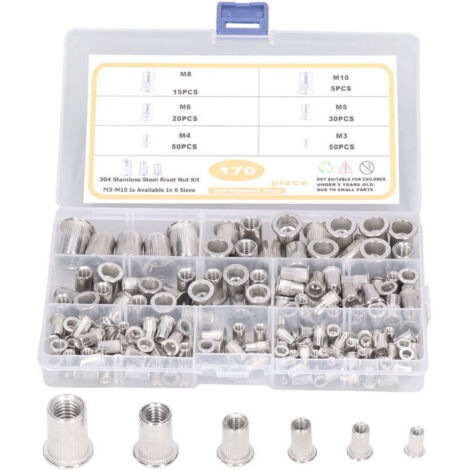 Bardusch - 170 Pièces Acier Inoxydable Rivet Écrou Outil Plat Tête Filetée Rivet Nutsert Cap Assortiment kit M3 M4 M5 M6 M8 M10 Types Nuts