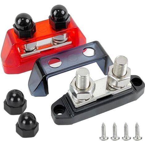 Bardusch 2 Pièces Bornier de Distribution D'alimentation Noir et Rouge, 12V - 48V DC Busbar, 250A Bloc de Distribution, M10 Double Goujon Terminal, pour Voiture Camion Bateau