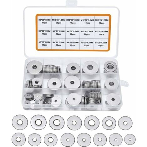 Bardusch-225PCS Rondelles Plates en 304 Acier Inoxydable Assortiment,M3 M4 M5 M6 M8 M10 M12 Rondelle Plate pour L'étanchéité des Vis Bagues D'étanchéité Livré avec boîte (Gris)