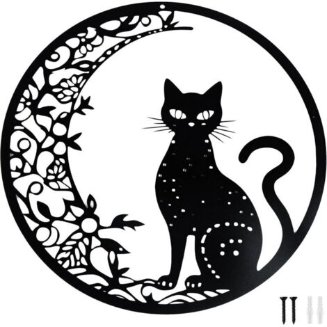 Bardusch 30 cm Decoration Murale Metal, Noir Lune et Chat Deco Murale Metal, Décoration Animaux Art Silhouette Convient Pour Les Salons, Chambres à Coucher, Bureaux Autres