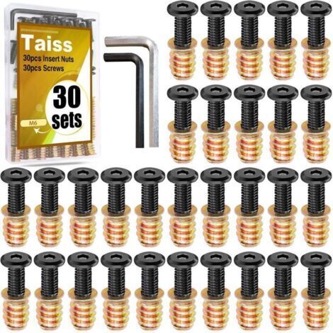 Bardusch - 30 ensembles de vis M6x25 meubles M6x15 inserts filetés en bois, écroulements, écroulements de tuiles en bois inserts boulons de fixation Connecteurs