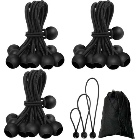 Bardusch-30 tendeurs élastiques caoutchouc 10/15/20 cm boule, fixation planches/toitures/tentes/tuyaux – noir
