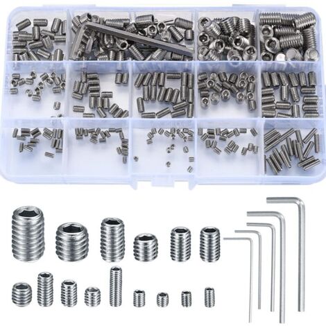 Bardusch - 300 Pièces Vis Sans Tête Hexagonale, M2.5/M3/M4/M5/M6/M8 Vis Filetée Internes, Assortiment Kit de Fixations Vis Pointeau pour Poignées de Porte, avec Clé Allen - Argent
