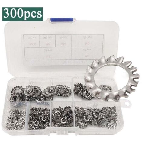 Bardusch-300pcs M2.5 M8 Ensemble Rondelles de Verrouillage Dentelées Externes avec Boîte de Rangement M2.5 M3 M4 M5 M6 M8 304 Acier Inoxydable