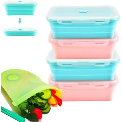 Bardusch-4 boîtes pliables silicone 800 ml, livrées avec sacs rangement gratuits, four/micro-ondes/congélateur/lave-vaisselle