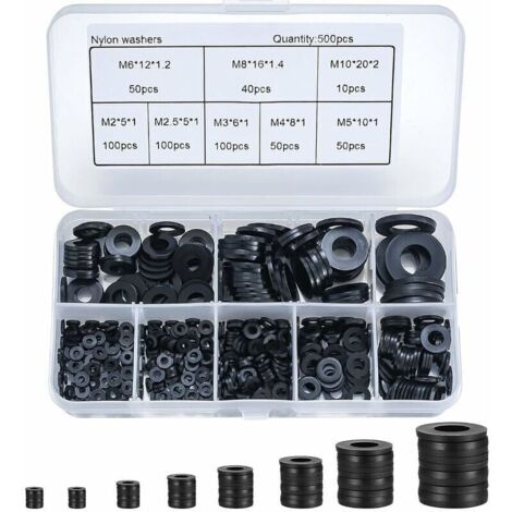 Bardusch-500 Pièces Rondelles Plates Nylon Noir, Rondelles Plates Isolation Rond Joint Spacer Joint Plomberie Assortiment Kit  M2/M2.5/M3/M4/M5/M6/M8/M10
