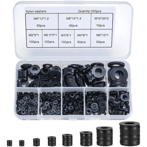 Bardusch-500 Pièces Rondelles Plates Nylon Noir, Rondelles Plates Isolation Rond Joint Spacer Joint Plomberie Assortiment Kit  M2/M2.5/M3/M4/M5/M6/M8/M10