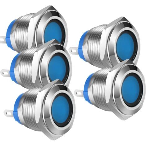 Bardusch-5pcs AC/DC 12-24V 16mm Type de Soudure LED Voyant Lumineux en Cuivre Nickelé Voyant Imperméable à Eau(Bleu)