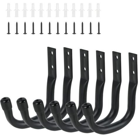 Bardusch-6 crochets muraux - support vélo mural robuste, porte-vélo mural noir pour garage, crochets en J pour échelle, rangement vélos, outils électriques, tuyaux d’arrosage, chaises pliantes - 9 cm 