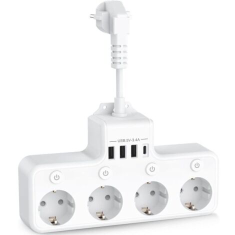 Bardusch - 8 en 1 Multiprise USB 4 Prises avec 4 Ports USB Chargeur de Voyage (5V/3A,5V/2.4A) Multi Prise Multiple Electrique 3680W 16A avec 4 Interrupteur Individuel Multiple pour Maison, Bureau-Blan