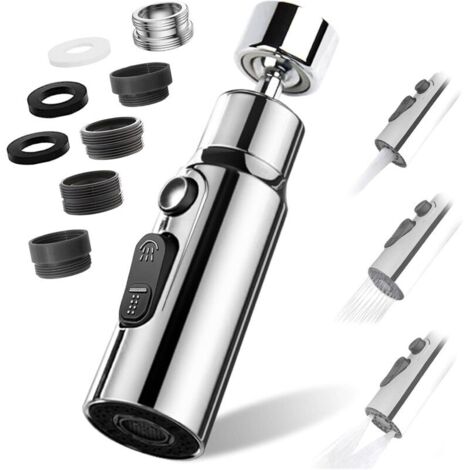 Bardusch Aérateur de Robinet, 360° Pivotant Embout Robinet Cuisine avec 3 Modes Douchette Mousseur Robinet Economie Eau, Adaptateur Economiseur D'eau Pour Robinet Salle De Bain lavabo (Argent)