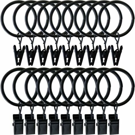 Bardusch-Anneaux de Rideaux, 20 Pièces Anneaux de Suspension de Draperie en Métal Noir avec Clips Crochets de Rideaux pour Fenêtre Chambre Salon Balcon Tringles à Rideaux (50 MM)