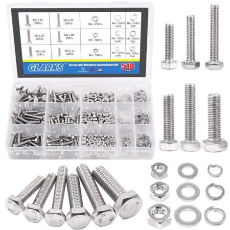 Bardusch - Assortiment de 510 vis hexagonales plates en acier inoxydable, boulons, écrous, serrures et rondelles plates