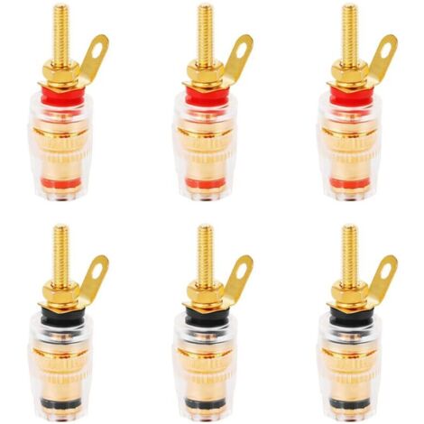 Bardusch Borniers audio Jubaopen, lot de 6 borniers pour haut-parleurs, connecteurs audio plaqués cuivre pour jacks 4 mm, fiches bananes, prises bananes avec coque transparente, 3 noirs + 3 rouges
