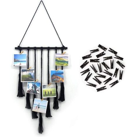 Bardusch - Cadre Photo Mural Cadre Photo Pêle-mêle avec Porte Photo Pinces Affichage Photo Mural Macramé Décoration Mural Maison Noir