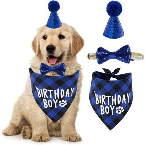 Bardusch - Chien Anniversaire Bandana Chapeau Fête écharpe pour Chien Chat 3Pièces Chien Tenue d'anniversaire pour Animaux de Compagnie Bavoir Petit Moyen Gros Chiens(Bleu)
