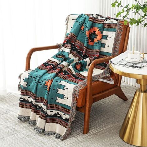 Bardusch-Couverture boho pompons style aztèque 160220cm vert forêt, réversible maison/bureau/voyage