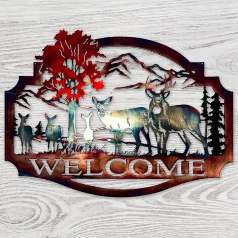 Bardusch - Décoration Murale en Métal avec Cerf de Bienvenue - Rustique pour Chalet de Chasse - Extérieur Colorée - 33 x 33 cm