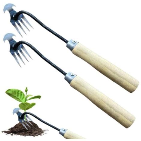 Bardusch - Désherbeur Manuel en Acier Inoxydable avec Manche en Bois - 4 Dents - Outil de Jardinage