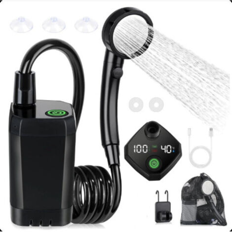 Bardusch-Douche Camping, Douche Portable, Pompe de Douche Électrique Rechargeable, Pommeau de Douche 6000mAh,avec Afficheur Intelligent, Kit Douche de Camping 4 Modes pour Camping, Randonnée, Voyage