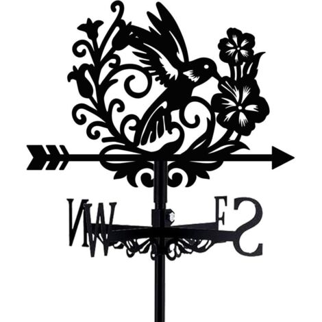 Bardusch Girouette en forme d'oiseau - Colibri noir - Métal - Avec fleurs - Convient aux toitures végétalisées - Panneau indicateur - Moulin à vent décoratif d'extérieur avec support