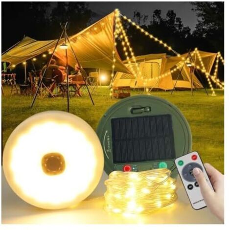 Bardusch-Guirlande Lumineuse Solaire de Camping 10M Rechargeable USB-C/Solaire - 8 Modes d'Éclairage, Télécommande, Minuterie, 12H Autonomie, IP44, Léger 270g - Blanc Chaud pour Tente, Jardin, Randonn