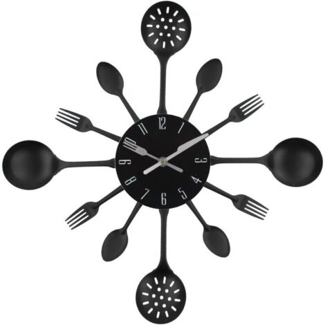 Bardusch Horloge murale en métal de 40,6 cm - Couverts de cuisine - Cuillère - Fourchette - Horloge murale créative et moderne - Décoration d'intérieur (noir)