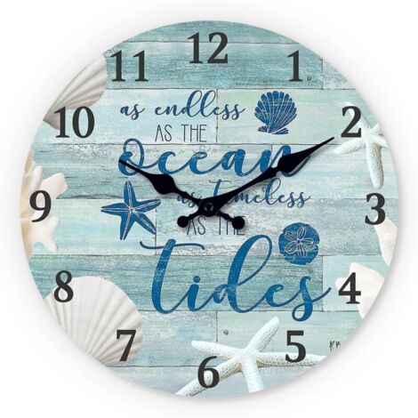 Bardusch Horloge murale nautique silencieuse  25 cm - Design océan coquillages étoiles de mer - Décoration cuisine salon chambre à coucher salle de bain