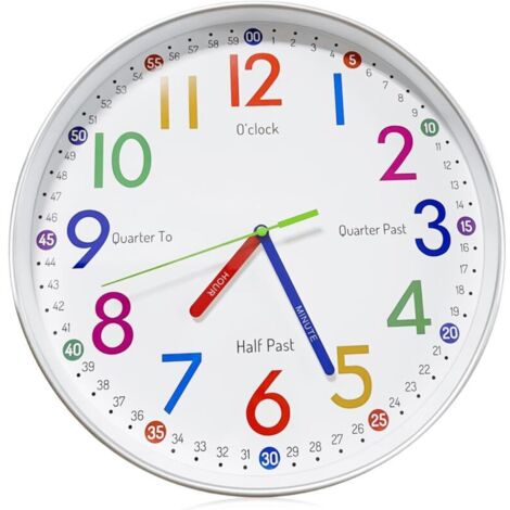 Bardusch-Horloge murale pour enfant - Sans bruit de tic-tac - 30 cm - Silencieuse - Chiffres multicolores - Pour filles et garçons