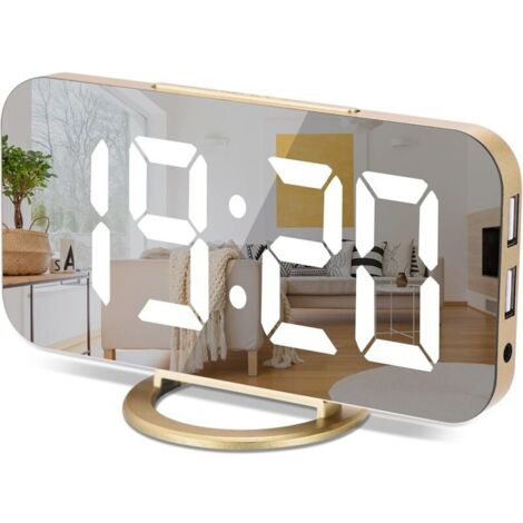 Bardusch - Horloge numérique à grand écran, électrique LED,Surface miroir pour maquillage avec mode d'intensité,3 niveaux de luminosité,Double ports USB,Décoration moderne pour la maison ou la chambre