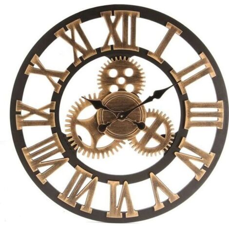 Bardusch-HORLOGE - PENDULE Horloge Murale 3D Vintage Gear Grand - Bois - Décor or - 60 cm