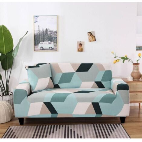 Bardusch-Housse de Canapé Extensible 4 Places - Protection Universelle pour Fauteuil avec Accoudoirs, Motif Blocs de Couleur Claire