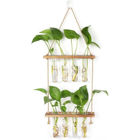 Bardusch-Jardinière murale, 2 vases en tubes à essai, support à plantes en corde avec cadre en bois et 8 tubes à essai