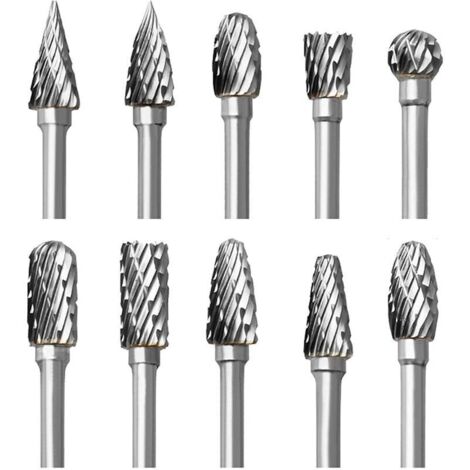 Bardusch-Jeu de Fraises Rotatives en Carbure, 10 pièces Double Coupe Fraises pour Dremel Accessoires avec Tige  Sculpture sur bois, Perçage, Gravure, Polissage de Métal