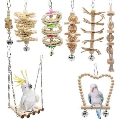 Bardusch - Jouets perroquets bois naturel, lot de 8 hamacs à clochette, mâchouillage cage (cacatoès/perruches/etc.)