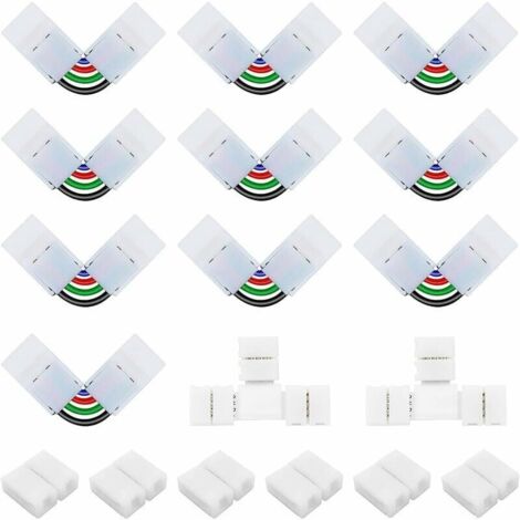 Bardusch-Kit de Connecteur Ruban LED 5050 4 Broches de 10mm Contenue 6 Connecteurs Gapless de 10mm, 10 Connecteurs en Forme de L de 4 Broches à Angle Réglable, 2 Connecteurs en Forme de T pour Bande S