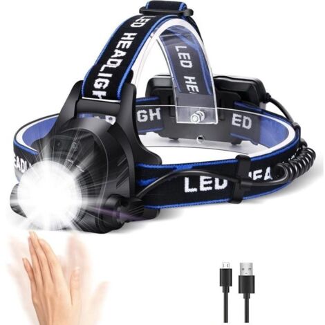 Bardusch-Lampe Frontale LED Puissante Rechargeable Torche Frontale Lampe Phare Orientable 3 Modes LED Frontale avec Câble USB et 2 Piles 18650 pour Peche Vélo Randonnée Course Camping