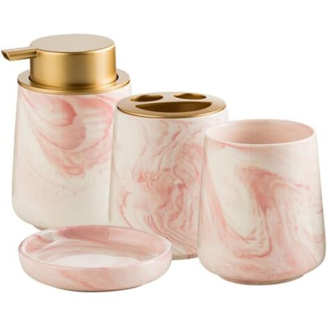 Bardusch-Lot 4 accessoires céramique marbré rose : distributeur savon, porte-brosse, gobelet, porte-savon – salle de bain