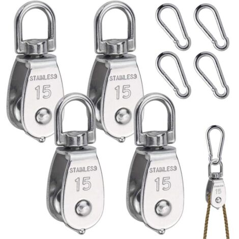 Bardusch-Lot 8 poulies inox – 4 M15 + 4 mousquetons M4 – rotation 360° – corde 6 mm – 35 kg