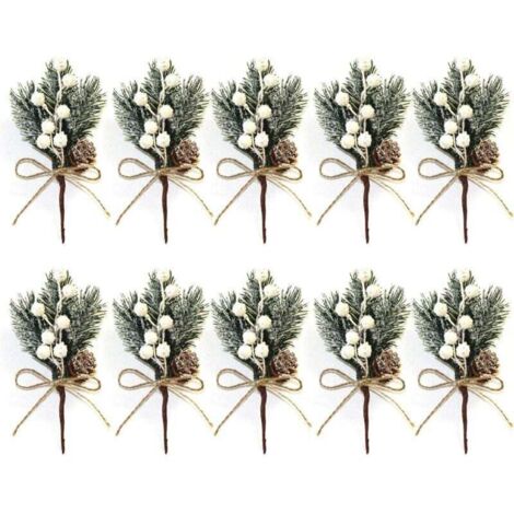 Bardusch-Lot de 10 petites tiges de baies de Noël artificielles blanches de 15 cm avec pommes de pin, houx, fleurs de Noël pour couronnes de Noël, décoration de vase d'intérieur