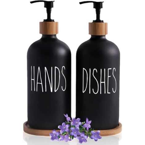 Bardusch-Lot de 2 distributeurs verre noir mat 500 ml + plateau, liquide vaisselle, déco style ferme