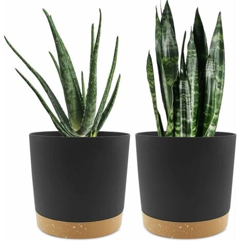 Bardusch-Lot de 2 pots de fleurs de 20,3 cm, pots de fleurs d'intérieur avec trous de drainage et base amovible, soucoupes décoratives modernes pour jardinières d'extérieur (noir 20,3 cm)