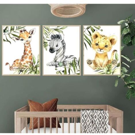 Bardusch - Lot de 3 Affiche Animaux Safari Poster Jungle Girafe Zebre Lion Tableau Murale 30x40 Enfant Bebe Chambre Toile Decoration sans